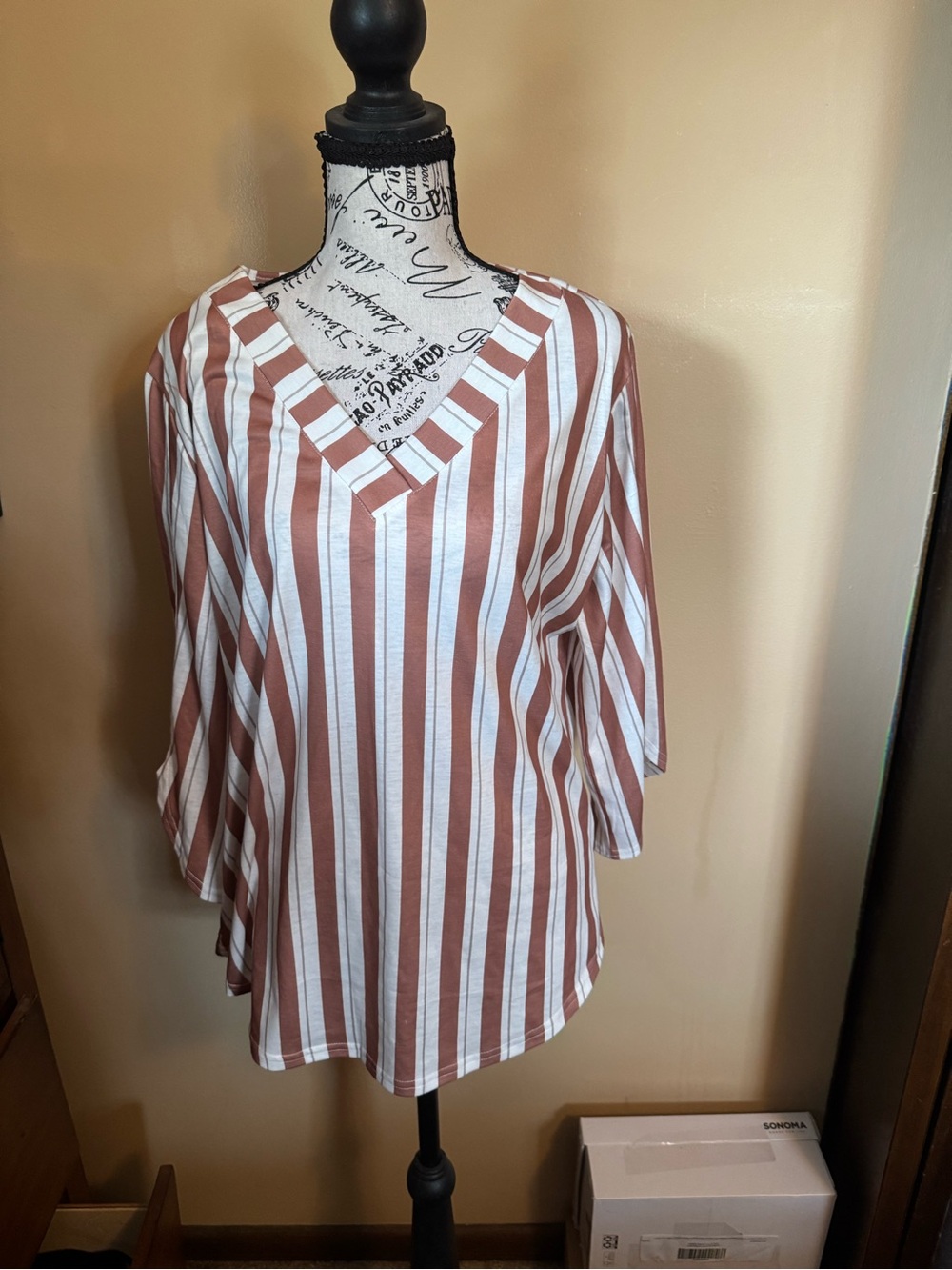 Women's Rust and White Striped V-Neck Top